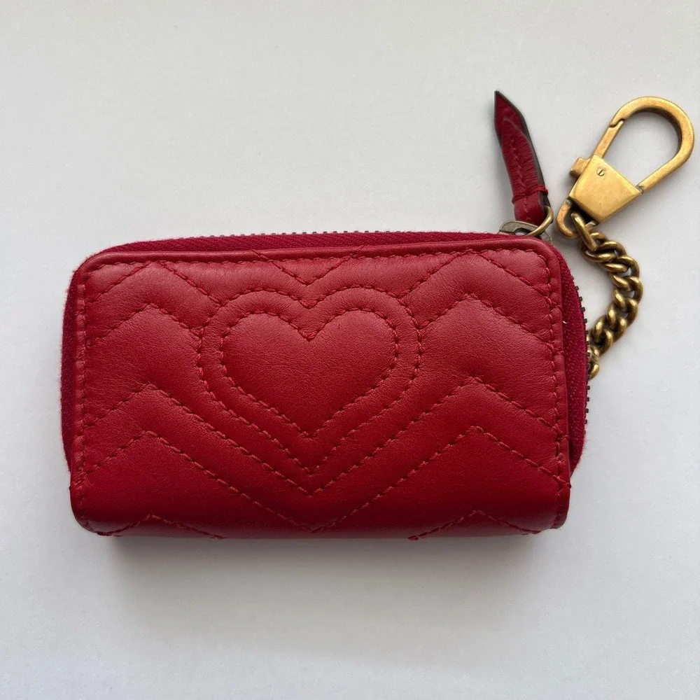 Gucci GG Marmont Red Matelasse Leather Small Key Case Pouch Zip Wallet 498127